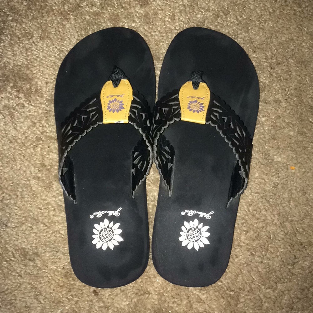 Yellow box flip flops